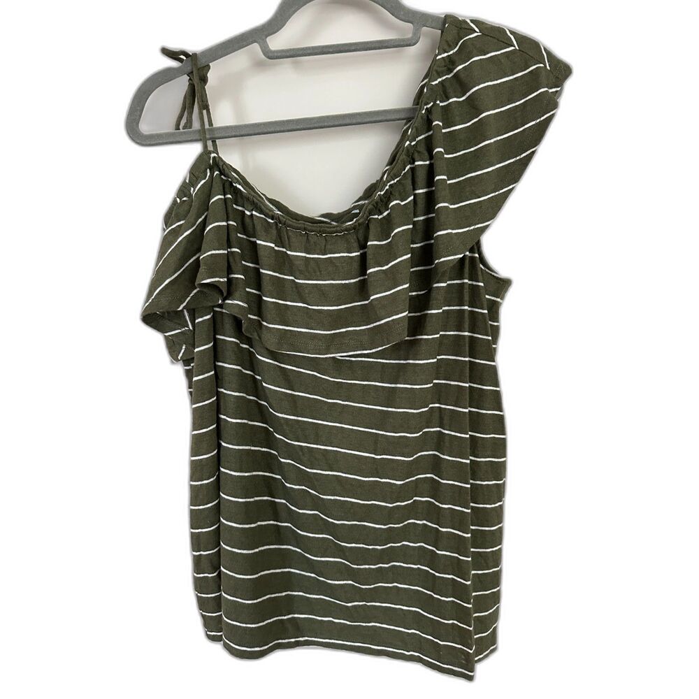 Old Navy Ruffled Linen-Blend One-Shoulder Green Striped Top Women’s Sz XL